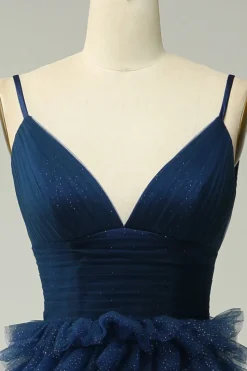 A Line Cintas de Espaguete Azul Marinha Vestido de Noite