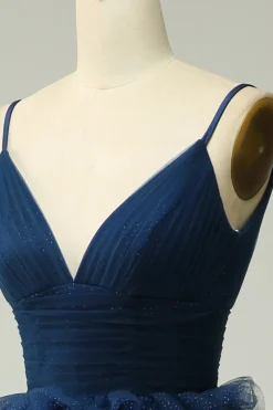 A Line Cintas de Espaguete Azul Marinha Vestido de Noite