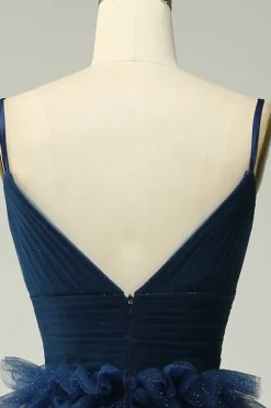 A Line Cintas de Espaguete Azul Marinha Vestido de Noite