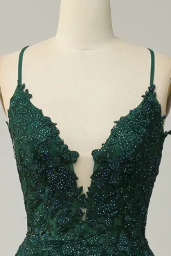 A Line Cintas de Espaguete Verde Escuro Vestidos De Cerimónia
