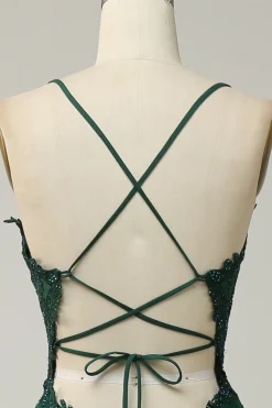 A Line Cintas de Espaguete Verde Escuro Vestidos De Cerimónia