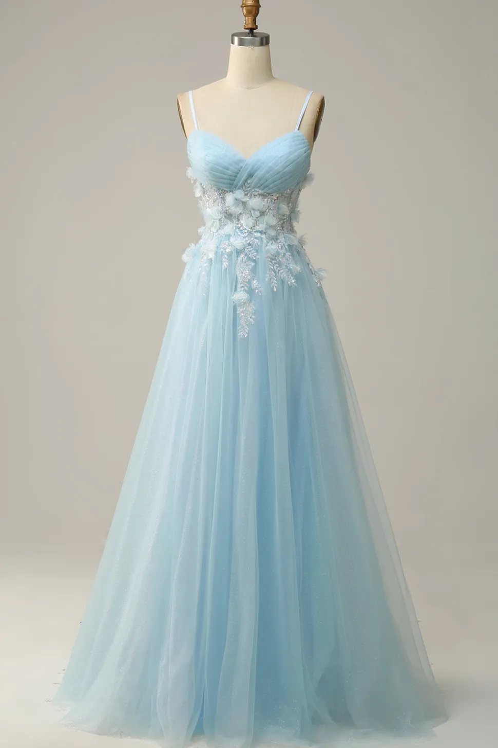 A Line Cintas de Espaguete Azul Céu Vestido de Festa com Apliques