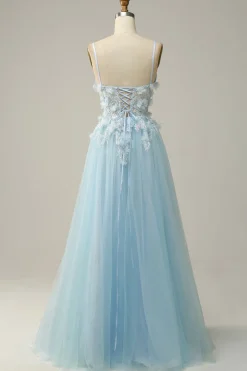 A Line Cintas de Espaguete Azul Céu Vestido de Festa com Apliques