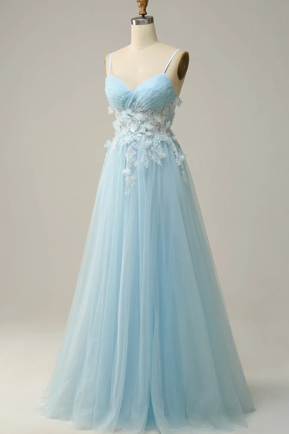 A Line Cintas de Espaguete Azul Céu Vestido de Festa com Apliques