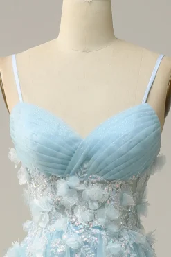 A Line Cintas de Espaguete Azul Céu Vestido de Festa com Apliques