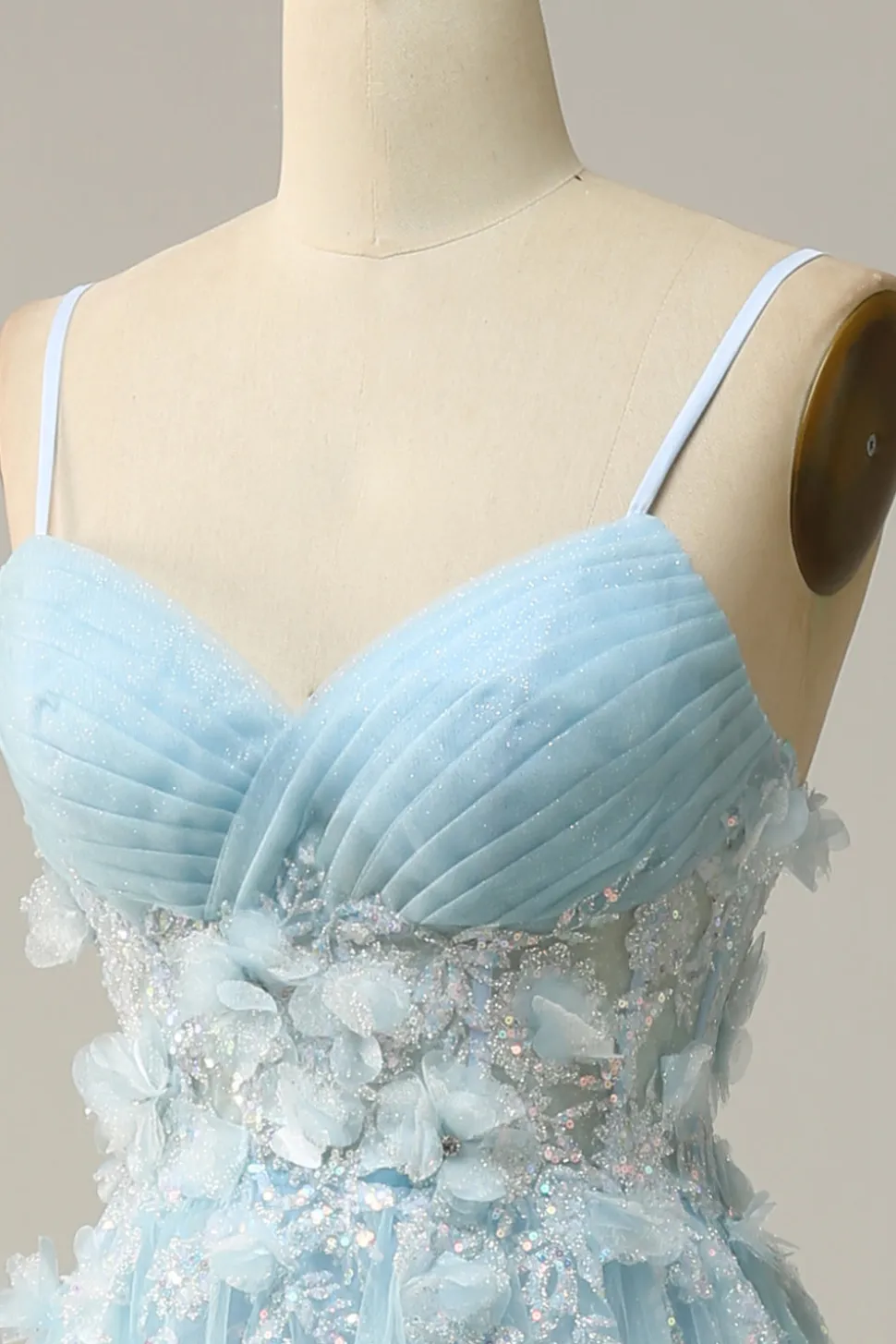A Line Cintas de Espaguete Azul Céu Vestido de Festa com Apliques