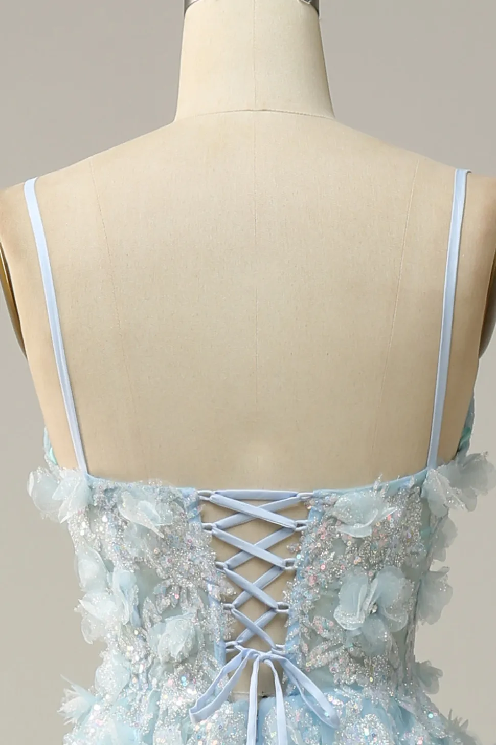 A Line Cintas de Espaguete Azul Céu Vestido de Festa com Apliques