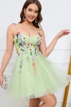A Line Cintas de Espaguete Verde Vestido de Cocktail Com Apliques