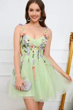 A Line Cintas de Espaguete Verde Vestido de Cocktail Com Apliques
