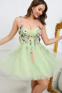 A Line Cintas de Espaguete Verde Vestido de Cocktail Com Apliques
