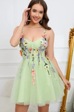 A Line Cintas de Espaguete Verde Vestido de Cocktail Com Apliques