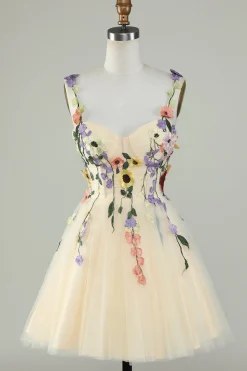 A Line Cintas de Espaguete Verde Vestido de Cocktail Com Apliques