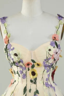 A Line Cintas de Espaguete Verde Vestido de Cocktail Com Apliques