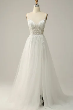 A Line Cintas de Espaguete Branco Vestido de Noiva com Apliques