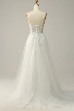 A Line Cintas de Espaguete Branco Vestido de Noiva com Apliques