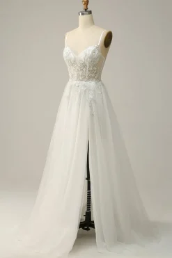 A Line Cintas de Espaguete Branco Vestido de Noiva com Apliques