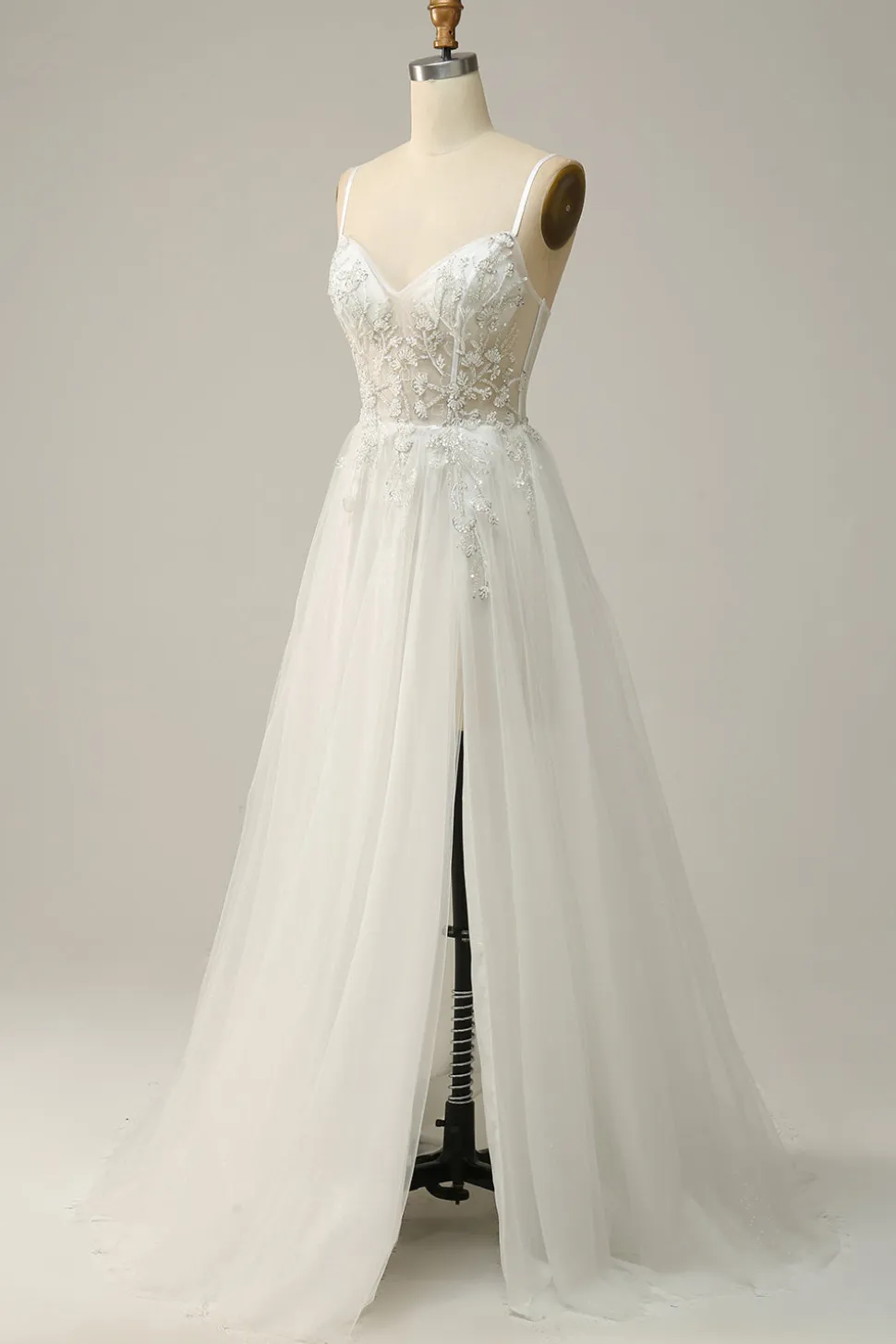 A Line Cintas de Espaguete Branco Vestido de Noiva com Apliques
