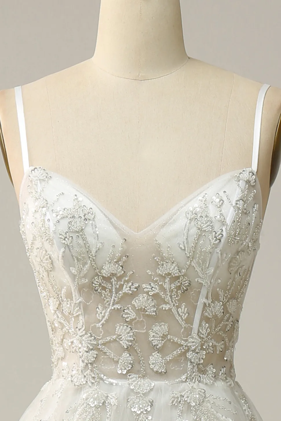 A Line Cintas de Espaguete Branco Vestido de Noiva com Apliques