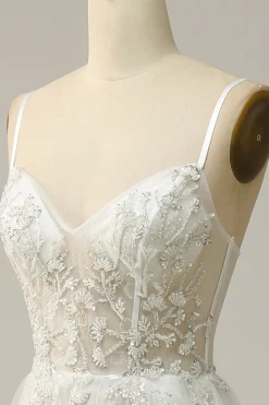 A Line Cintas de Espaguete Branco Vestido de Noiva com Apliques