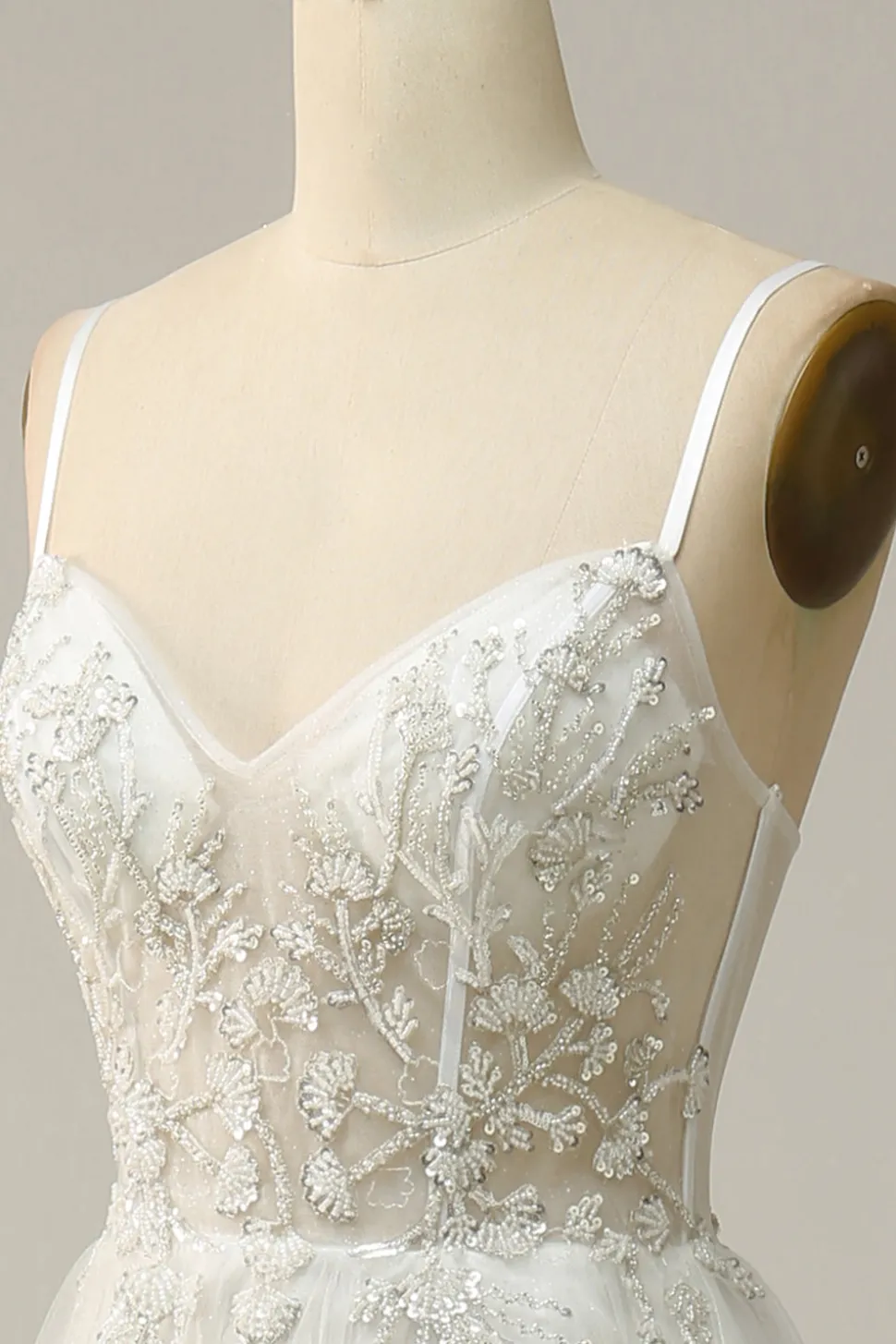 A Line Cintas de Espaguete Branco Vestido de Noiva com Apliques