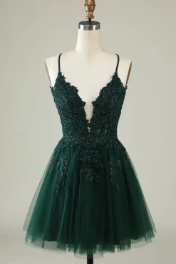 A Line Cintas de Espaguete Cinza Azul Vestido de Cocktail Com Apliques
