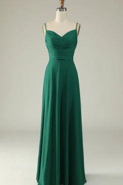 A Line Cintas de Espaguete Verde Escuro Vestido de Dama de Honra