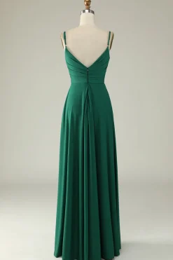 A Line Cintas de Espaguete Verde Escuro Vestido de Dama de Honra