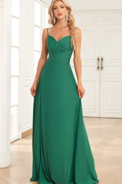 A Line Cintas de Espaguete Verde Escuro Vestido de Dama de Honra