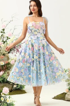 A Line Cintas de Espaguete Chá Azul Vestido de Baile com Flores 3D