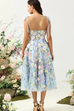 A Line Cintas de Espaguete Chá Azul Vestido de Baile com Flores 3D