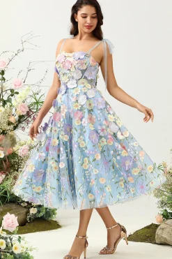 A Line Cintas de Espaguete Chá Azul Vestido de Baile com Flores 3D