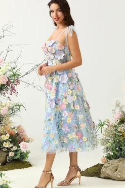A Line Cintas de Espaguete Chá Azul Vestido de Baile com Flores 3D