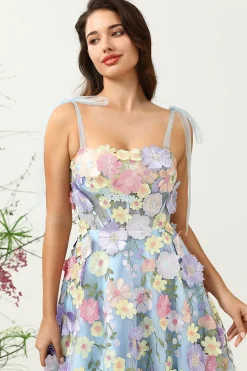 A Line Cintas de Espaguete Chá Azul Vestido de Baile com Flores 3D
