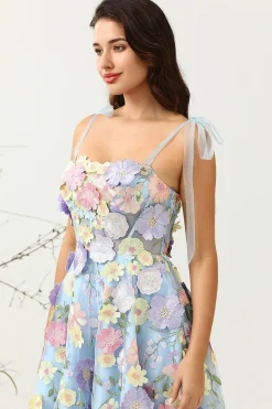 A Line Cintas de Espaguete Chá Azul Vestido de Baile com Flores 3D