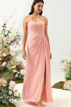 A Line Cintas de Espaguete Rosa Vestido de Dama de Honra