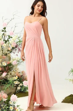 A Line Cintas de Espaguete Rosa Vestido de Dama de Honra