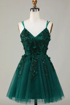 A Line Cintas de Espaguete Verde Escuro Vestido de Cocktail com Apliques