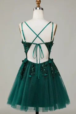 A Line Cintas de Espaguete Verde Escuro Vestido de Cocktail com Apliques