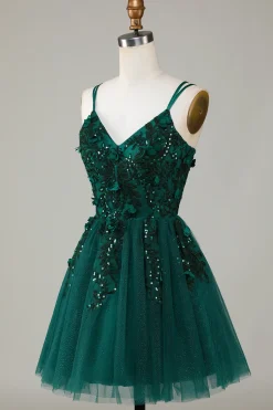 A Line Cintas de Espaguete Verde Escuro Vestido de Cocktail com Apliques