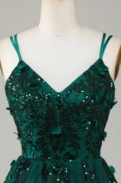 A Line Cintas de Espaguete Verde Escuro Vestido de Cocktail com Apliques