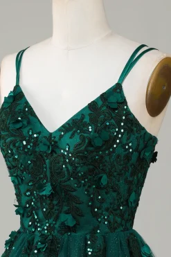 A Line Cintas de Espaguete Verde Escuro Vestido de Cocktail com Apliques