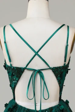 A Line Cintas de Espaguete Verde Escuro Vestido de Cocktail com Apliques