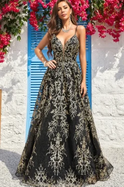 A Line Cintas de Espaguete Preto Dourado Vestido de Baile