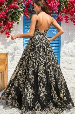 A Line Cintas de Espaguete Preto Dourado Vestido de Baile