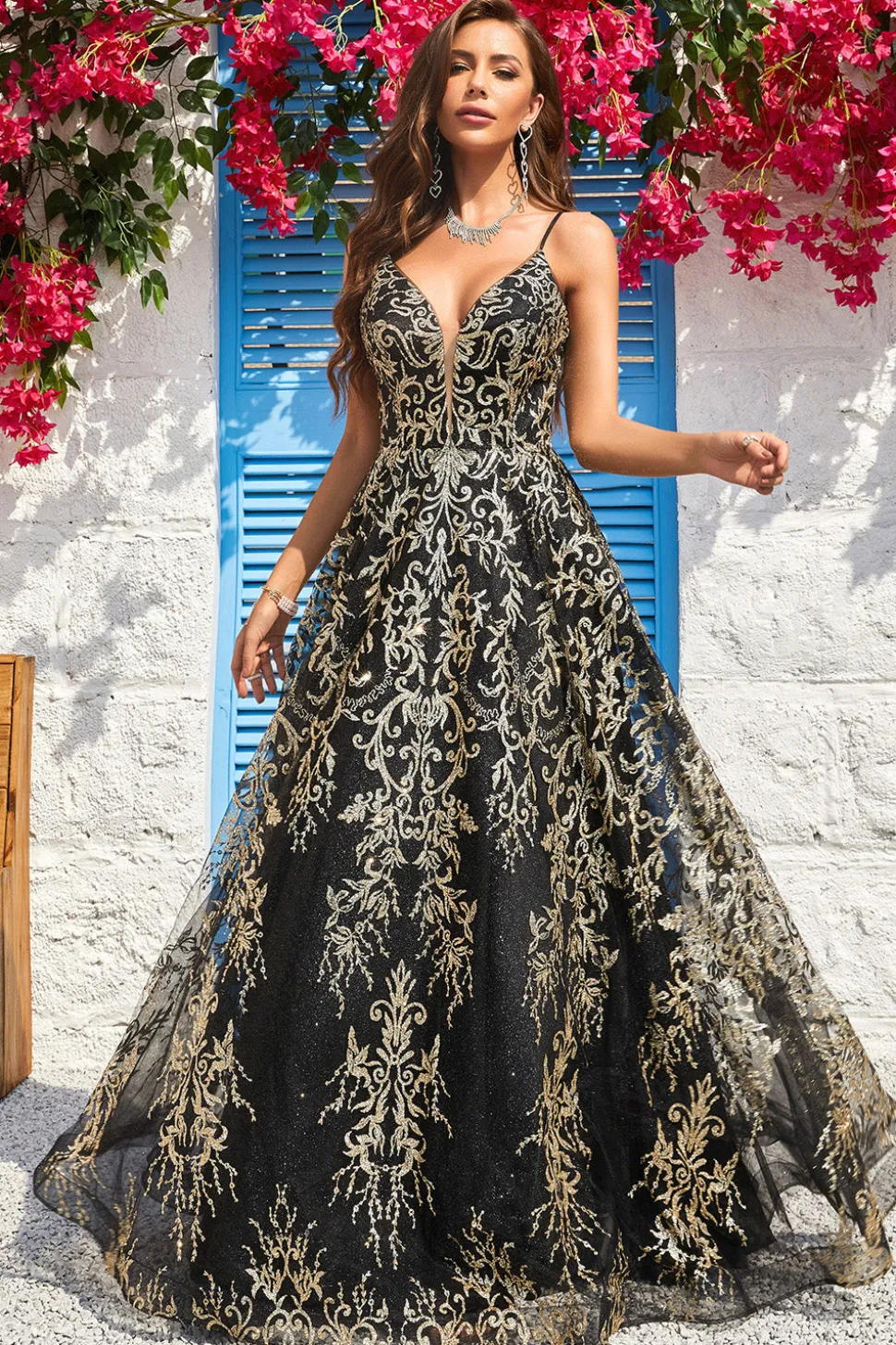 A Line Cintas de Espaguete Preto Dourado Vestido de Baile