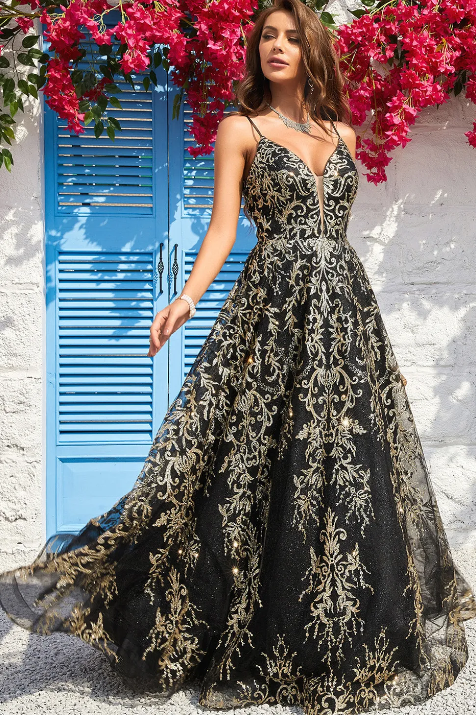 A Line Cintas de Espaguete Preto Dourado Vestido de Baile