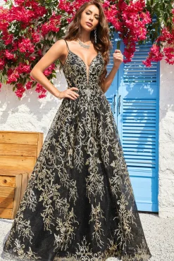 A Line Cintas de Espaguete Preto Dourado Vestido de Baile