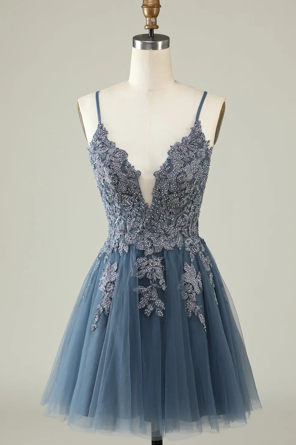 A Line Cintas de Espaguete Verde Escuro Vestido de Cocktail Com Apliques