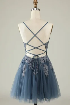 A Line Cintas de Espaguete Verde Escuro Vestido de Cocktail Com Apliques