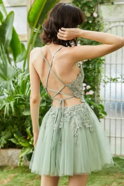 A Line Cintas de Espaguete Verde Escuro Vestido de Cocktail Com Apliques